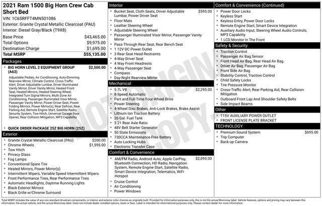 2021 RAM 1500 Big Horn Crew Cab 4x4 5'7' Box