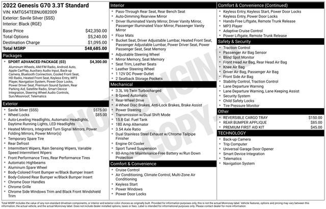 2022 Genesis G70 3.3T RWD