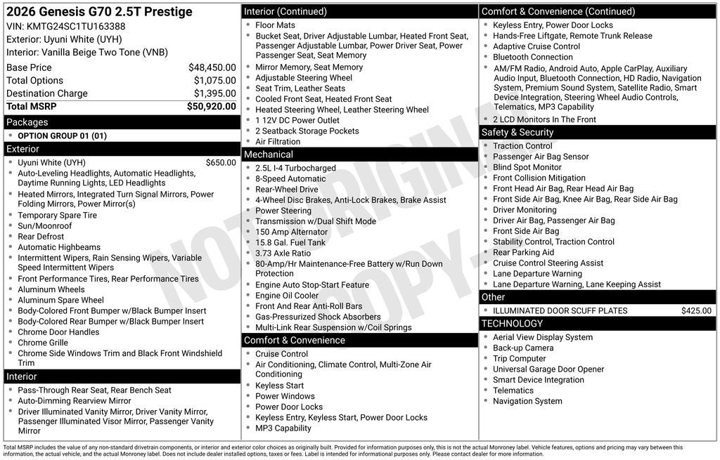 2026 Genesis G70 2.5T Prestige
